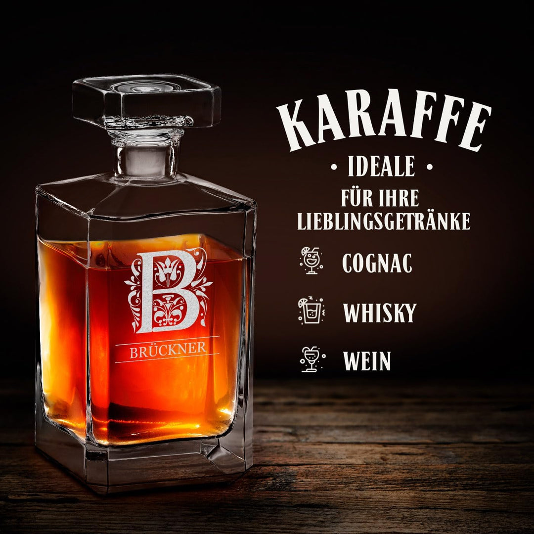 Maverton Whiskey Karaffe + 4er Whiskygläser Set mit Gravur - 700ml Whisky Dekanter - Geschenk zum Ge