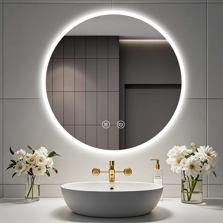 Badspiegel mit Beleuchtung Rund 70cm, Badezimmerspiegel Wandspiegel und Touch-Schalter, IP65-Led-Spi