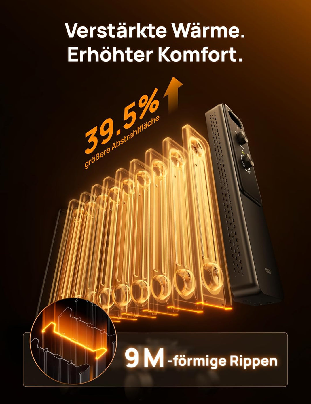Dreo Ölgefüllter Radiator-Heizkörper mit 9 Rippen, 2000W Leiser Elektrischer Heizstrahler fürs Schla