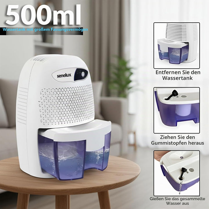 Senelux Leistungsstarker Mini-Luftentfeuchter, 500 ml, tragbar, leise, kleiner Luftentfeuchter, effi
