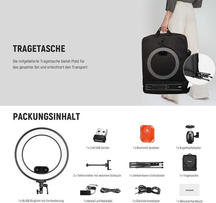 NEEWER 18" Ringlicht Set mit Randbeleuchtung, 45W 3300Lux 2900K-7000K 12 Szenen Ringleuchte mit APP