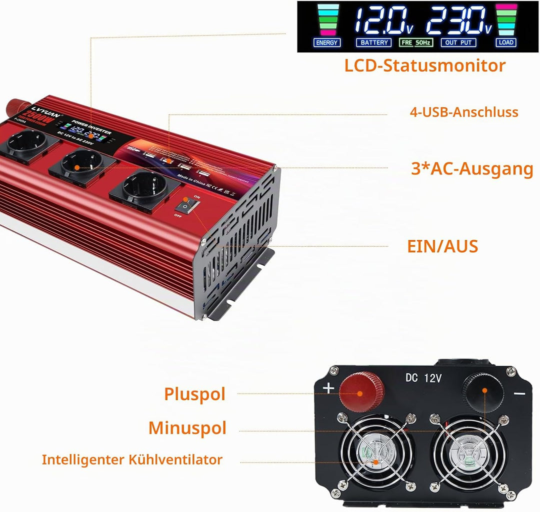 Wechselrichter 2500W / 5000W Spitze 12V 230V Spannungswandler | Fernbedienung | LCD | 4