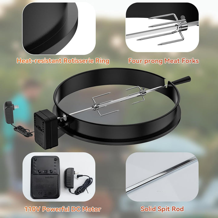 onlyfire Rotisserie Grillspiess Set mit DC Grillmotor und Adapter, Drehspiess für Weber 57cm Kettle