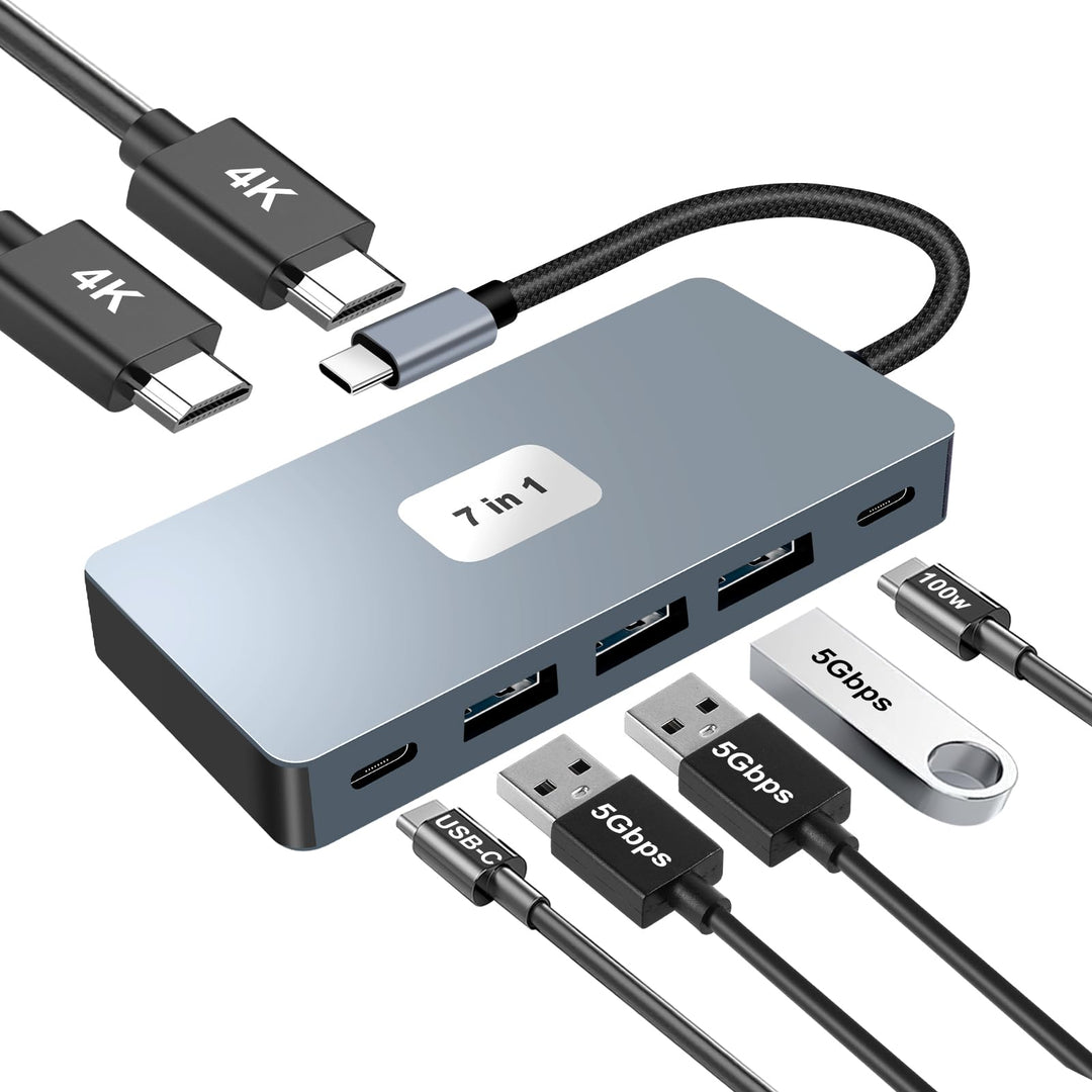 USB C Hub 2 HDMI 4K PD100W 4 USB A/C 3.0/2.0, 7 IN 1 Docking Station USB C Adapter Dockingstation La