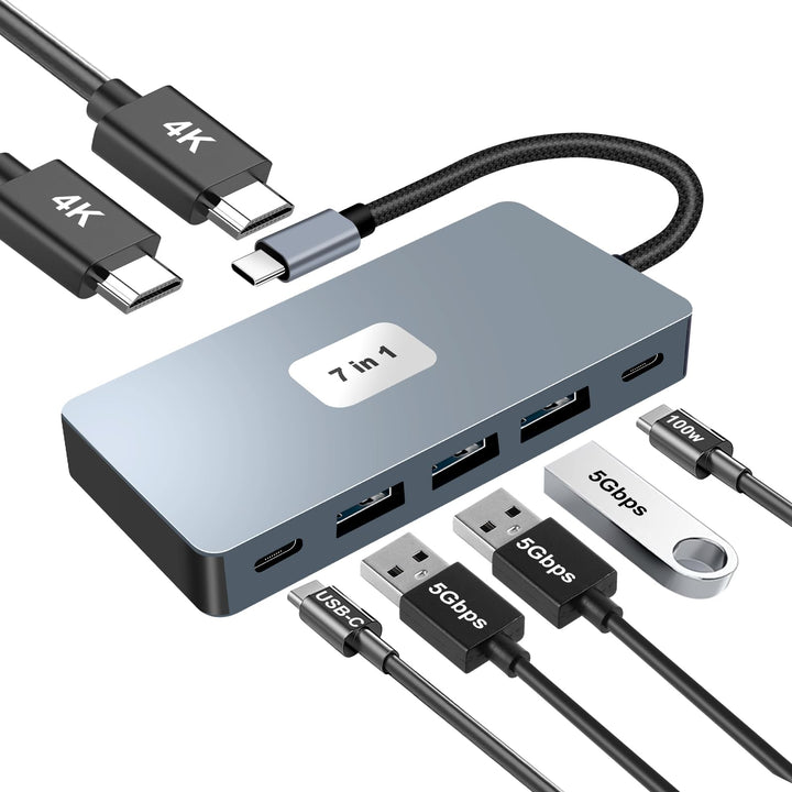 USB C Hub 2 HDMI 4K PD100W 4 USB A/C 3.0/2.0, 7 IN 1 Docking Station USB C Adapter Dockingstation La