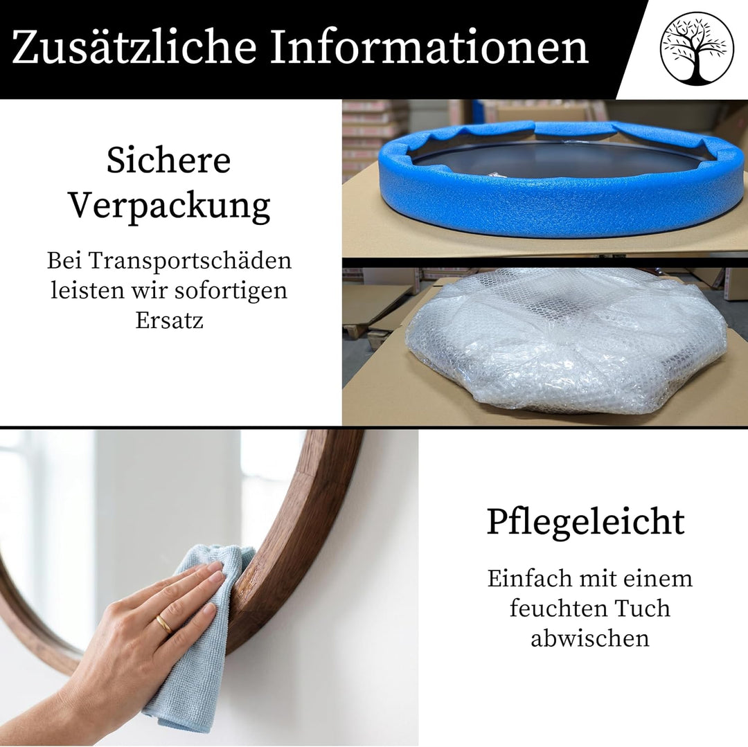 Wandspiegel mit Holzrahmen (∅80 cm) - Spiegel Rund Holz Dunkle Eiche - Runder Bad Spiegel für Badezi
