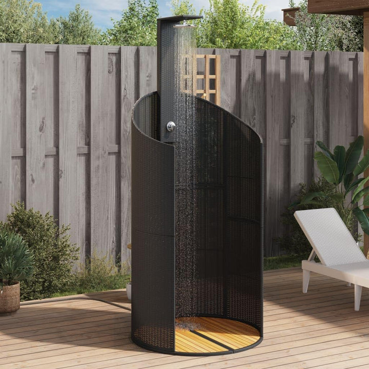 Faroom Rattan Gartendusche mit 180° Regenduschkopf Grosser Pooldusche mit Lattenboden Outdoor Dusche