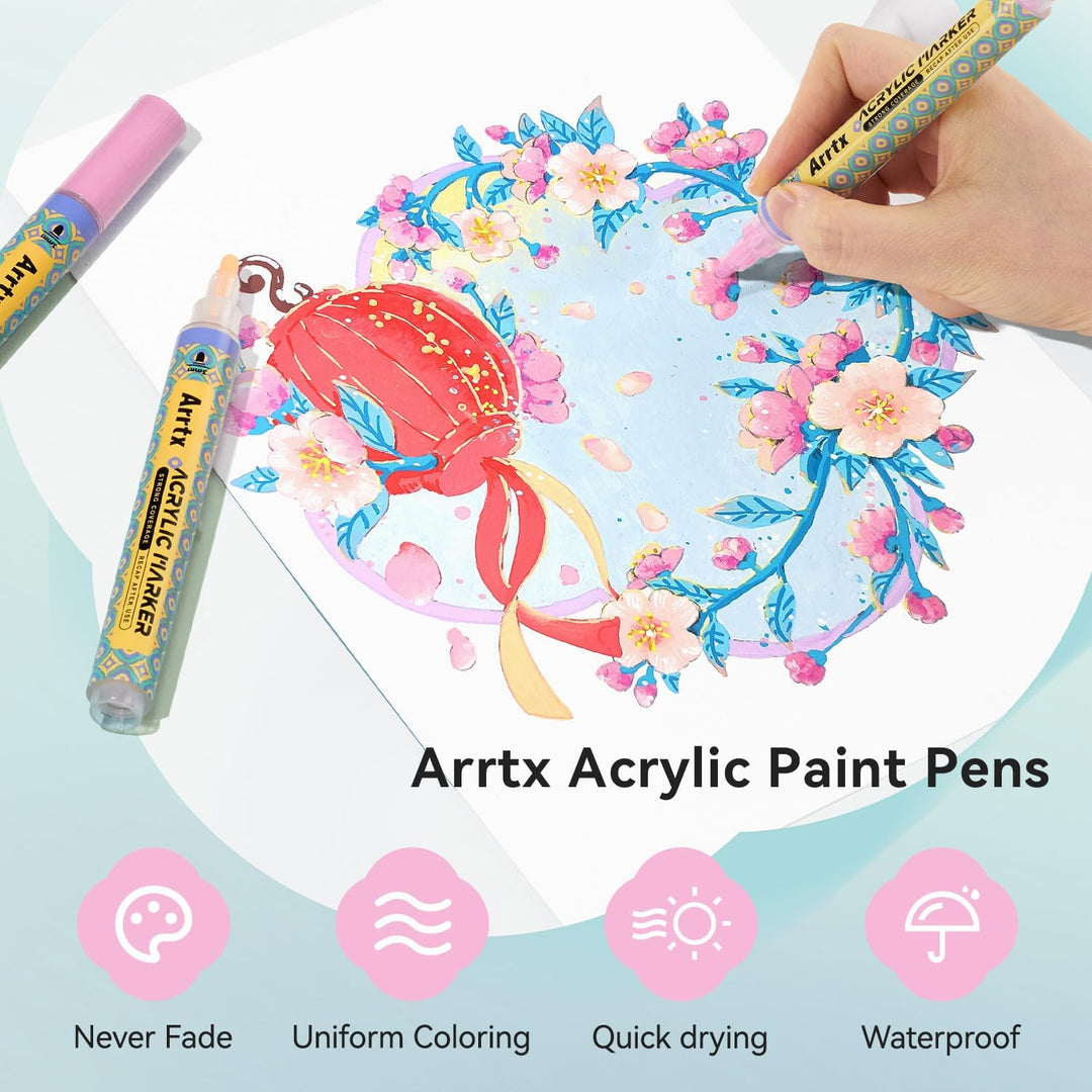 Arrtx 72 Farben Acrylfarben-Stifte, 3mm mittlere Spitze Farbmarker, ungiftig, 86 weiche Spitzen & 8