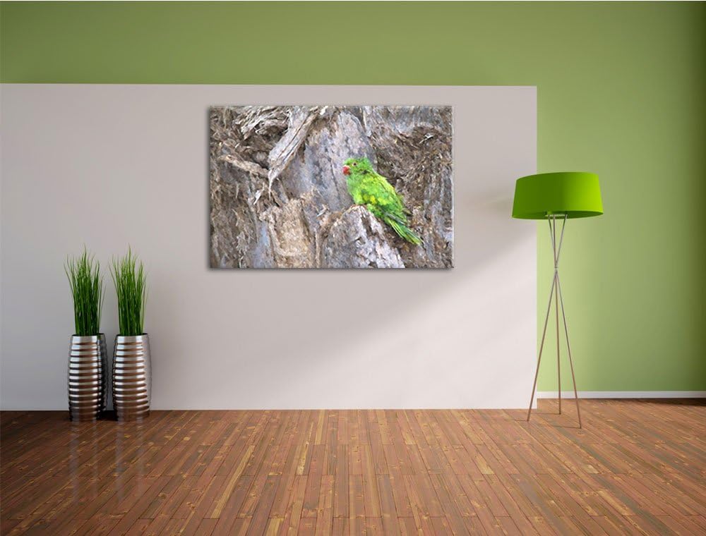 grüner Papagei im Gehölz Spezial Format: 100x70 cm auf Leinwand, XXL riesige Bilder fertig gerahmt m