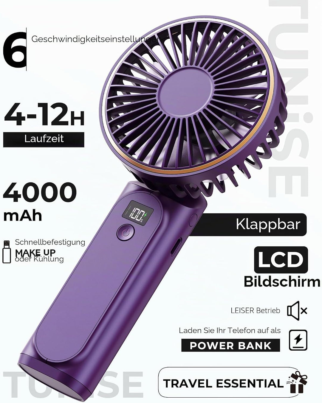 TUNISE Tragbarer Handventilator, Tragbarer Wiederaufladbarer Ventilator, 4000mAh,180° Verstellbar, 6