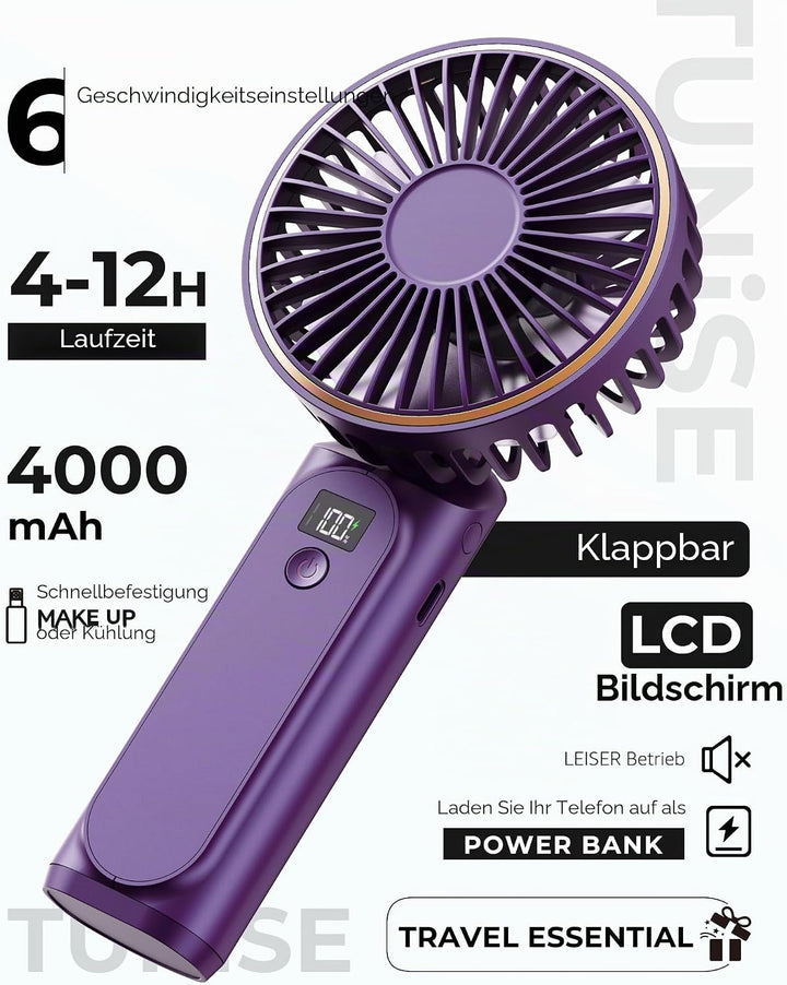 TUNISE Tragbarer Handventilator, Tragbarer Wiederaufladbarer Ventilator, 4000mAh,180° Verstellbar, 6