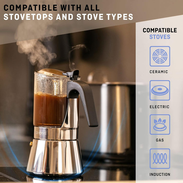 Espressokocher Klassisch italienische Perkolator-Mokakanne 360 ml - luxuriöses Kristallglas und rost