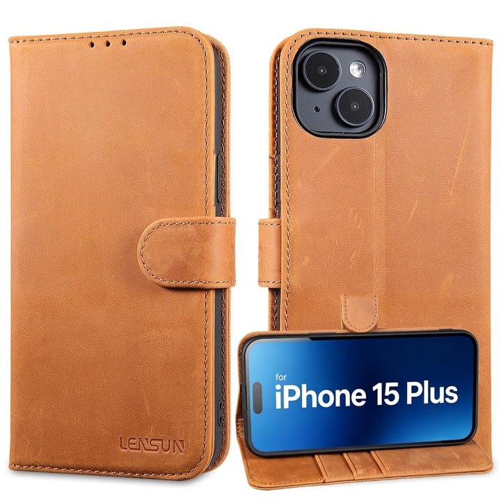 LENSUN Echtleder Hülle für iPhone 15 Plus, Handyhülle [Premium Echtes Leder][Magnetverschluss][RFID