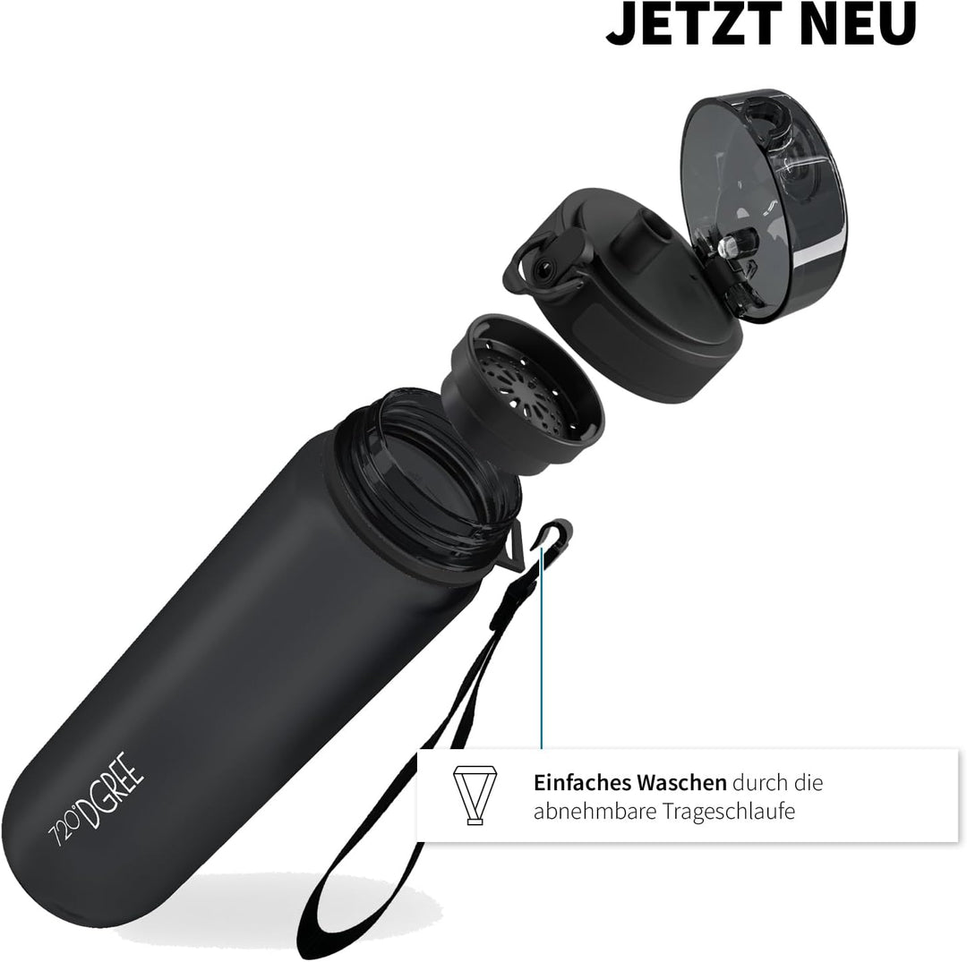 720°DGREE Trinkflasche 1l “uberBottle“ abnehmbare Schlaufe +Motivationsskala, Sieb - Auslaufsicher,