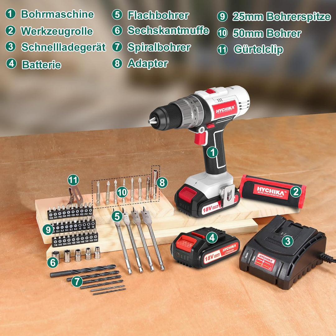 HYCHIKA 18V Akkuschrauber Set,Akku-Bohrschrauber mit 2.0 Ah-Akku,Schlagbohrmaschine max. 45 Nm,2 Ges