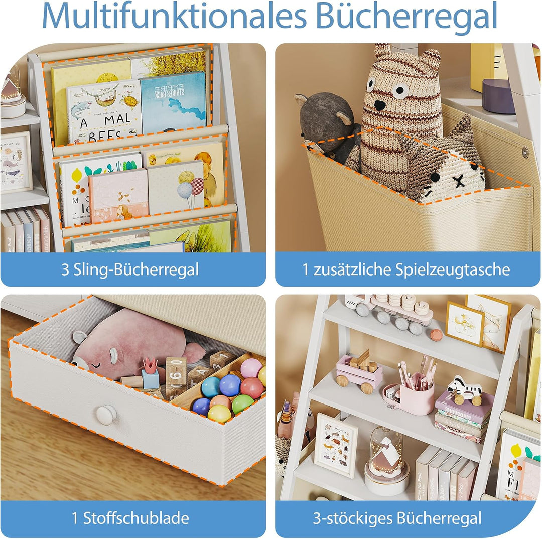 Quikraen Bücherregal Kinder, Kinderregal mit 4 Ablage und 3 Offenen Fächern, Montessori Bücherregal,
