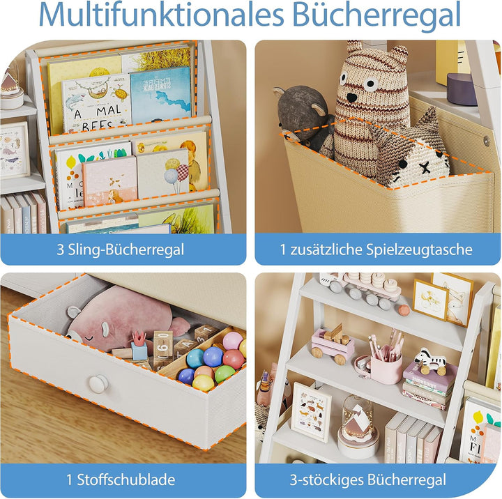 Quikraen Bücherregal Kinder, Kinderregal mit 4 Ablage und 3 Offenen Fächern, Montessori Bücherregal,