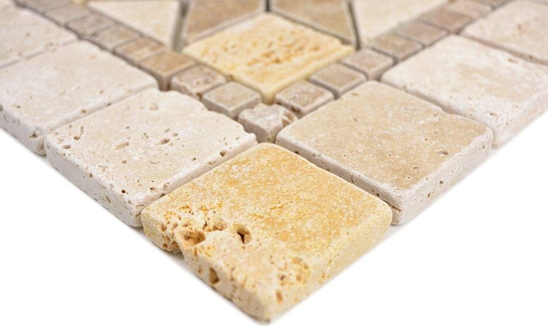 Naturstein Mosaik Einleger Fliese Travertin beige gelb walnuss für WANDDEKO BAD WC KÜCHENDEKO
