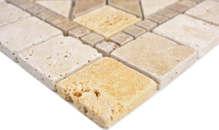 Naturstein Mosaik Einleger Fliese Travertin beige gelb walnuss für WANDDEKO BAD WC KÜCHENDEKO