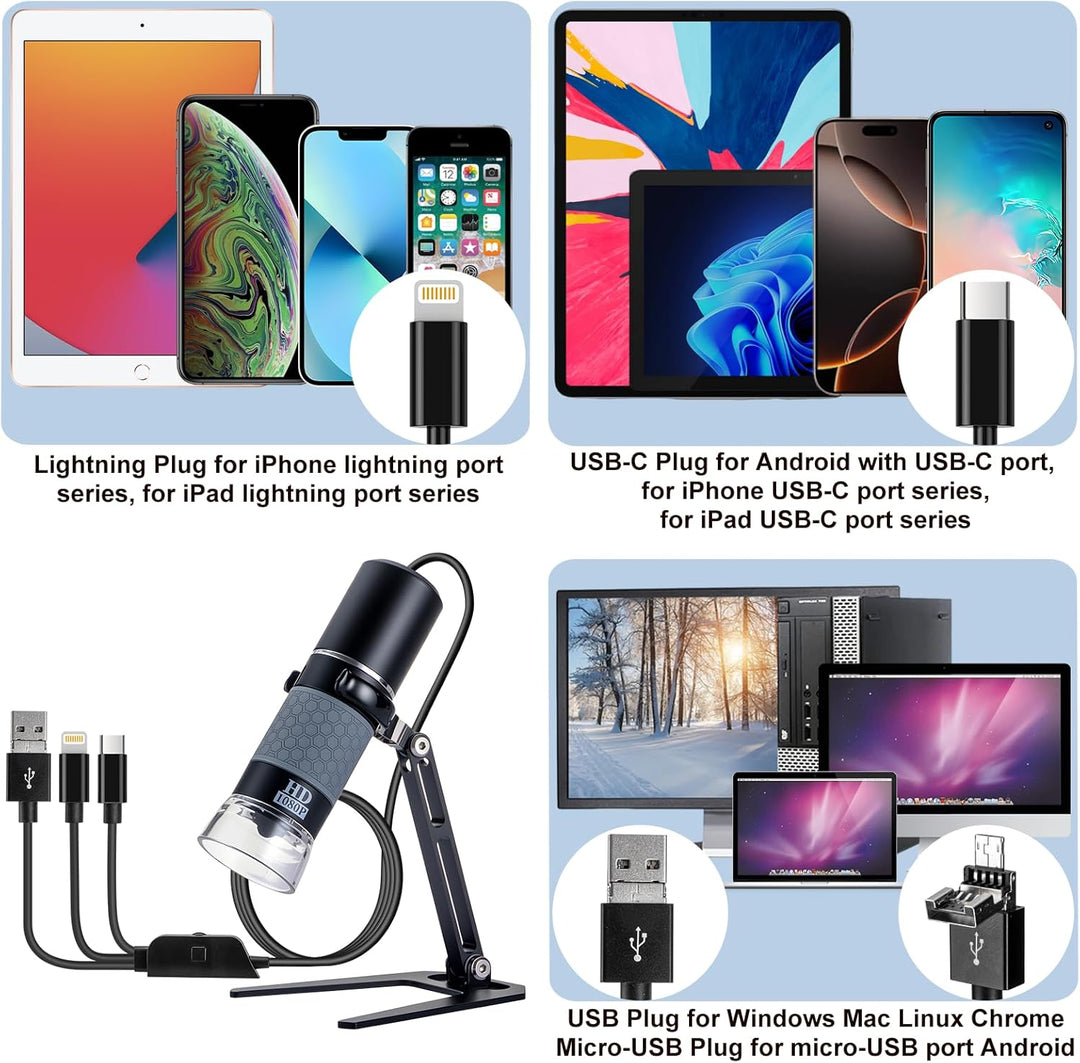 Jiusion 1080P USB Digitales Handheld Mikroskop, 50 bis 1000X Vergrösserung Endoskop Full HD 1920x108