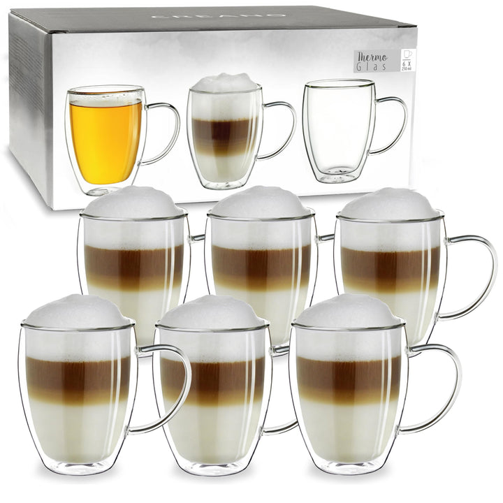 Creano doppelwandiges Thermoglas mit Henkel 250ml, grosses Doppelwandglas aus Borosilikatglas, Kaffe