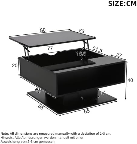 Merax Couchtisch Höhenverstellbar 80x77x40 cm – Moderner Wohnzimmertisch mit LED, verstecktem Staura