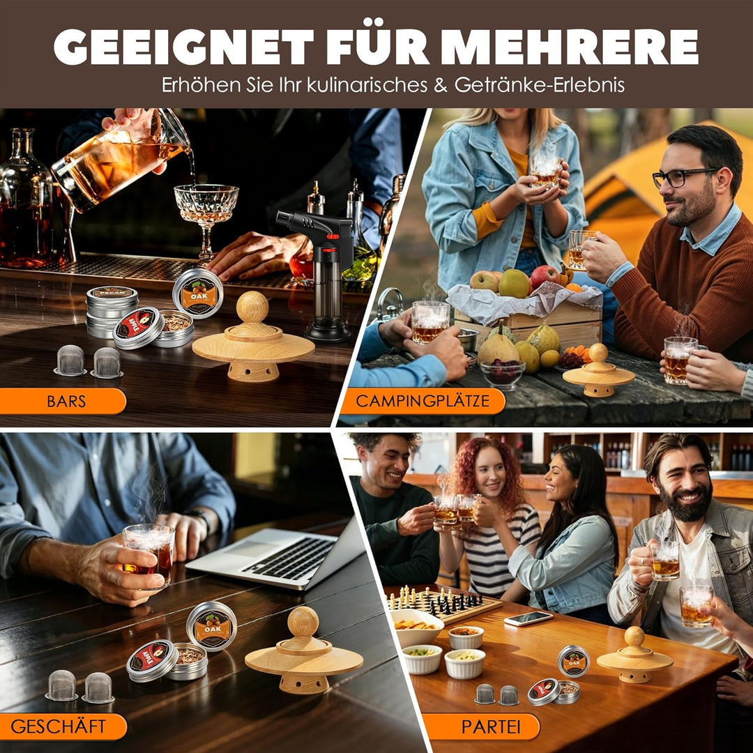Whisky Räucher Set komplett mit Brenner und Holz-4 Geschmacksrichtungen, Cocktail Räucher Set mit Fl