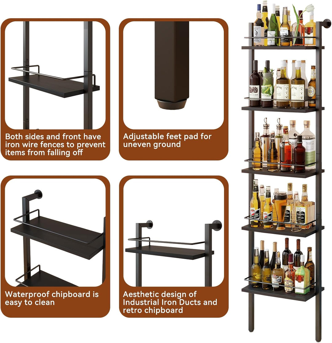 YMYNY 5-Tier freistehende Weinregale, Liquor Flasche Display Regal mit Zäunen, Wand montierte schwim