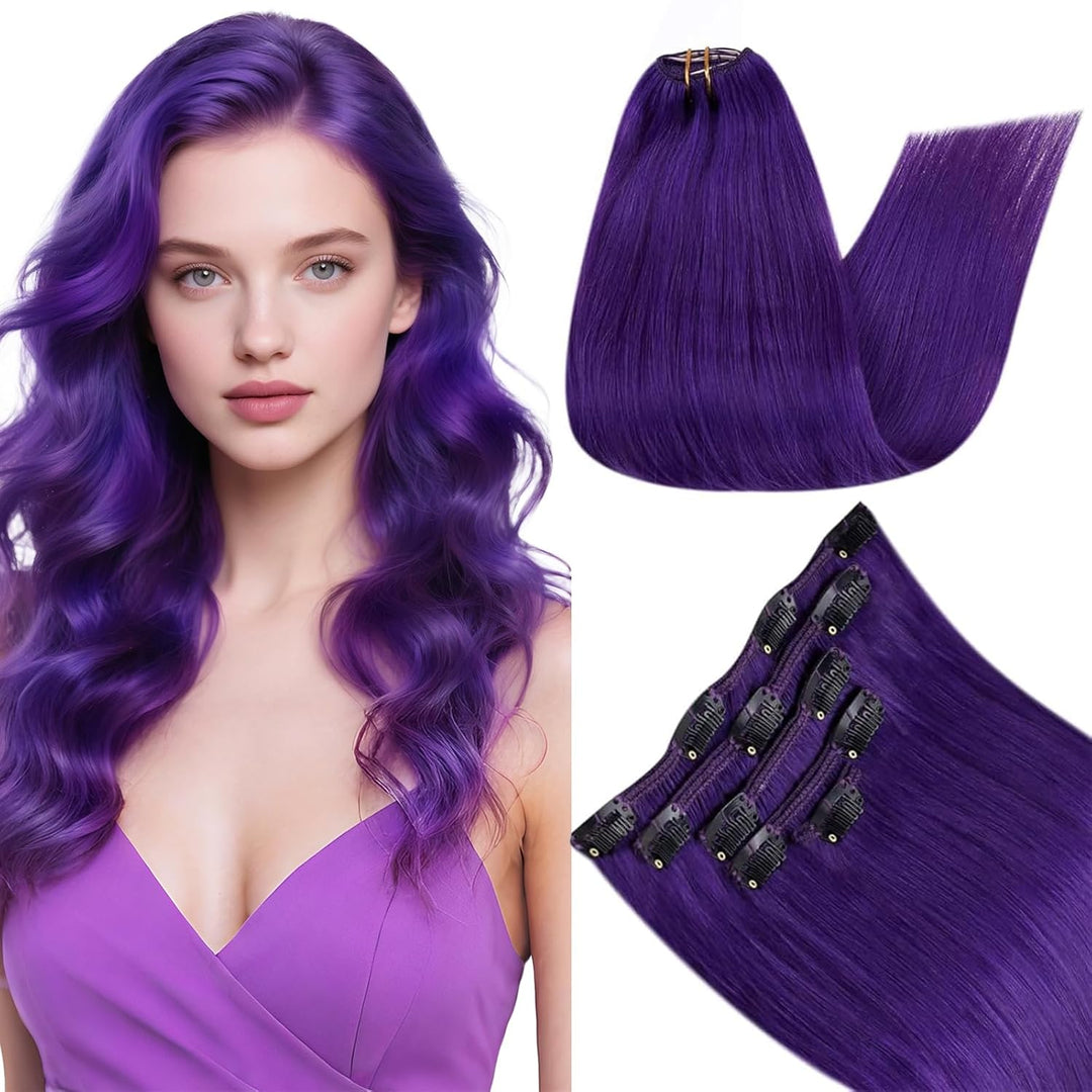 RUNATURE Clip in Extensions Glatt Violett 40cm 70g Remy Clip Echthaar Extensions Natürliche Bunt Haa