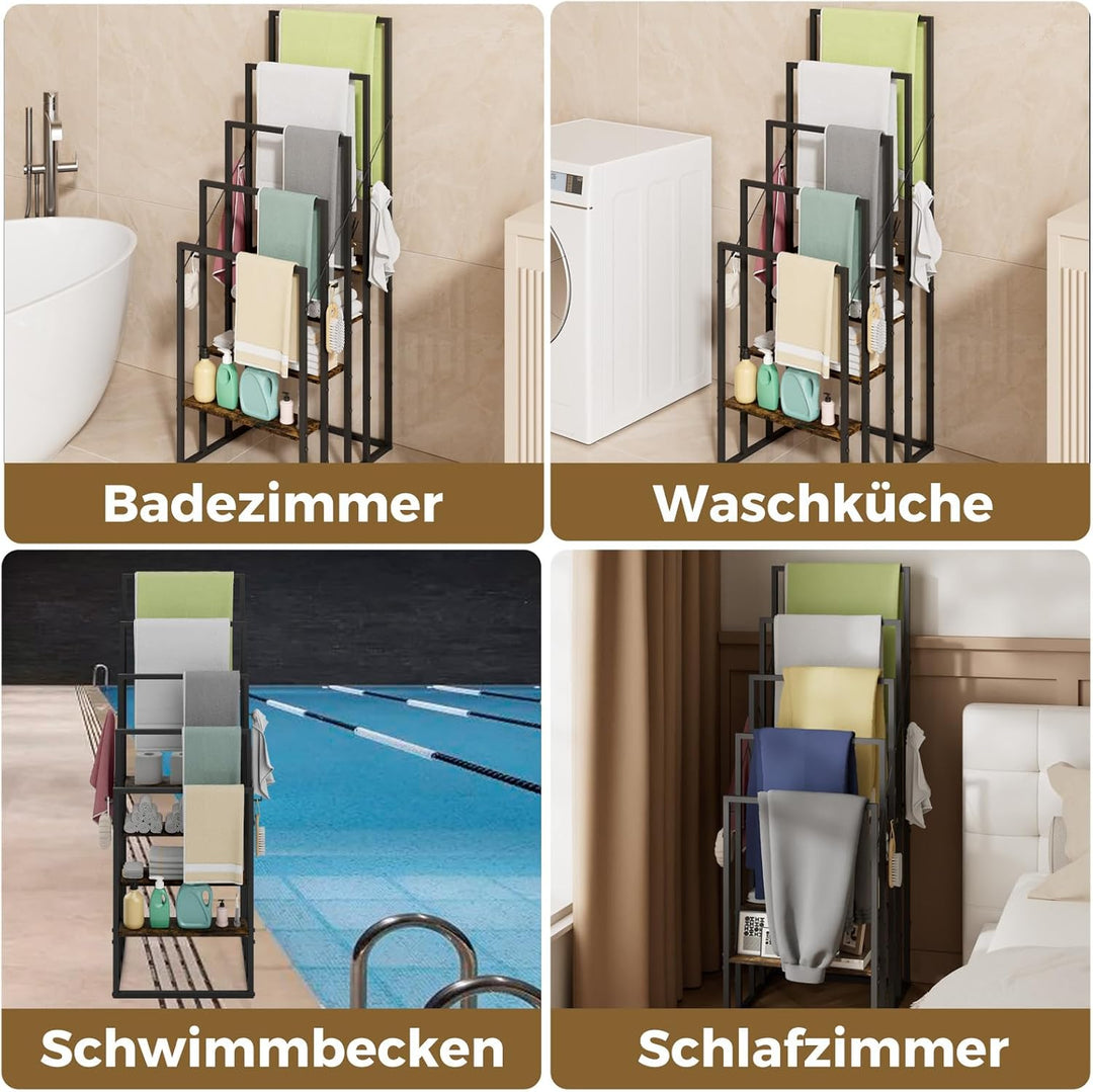 Handtuchständer, Handtuchhalter Stehend mit 5 Handtuchstangen, 4 Ablagen, 4 Haken, Freistehender Bad