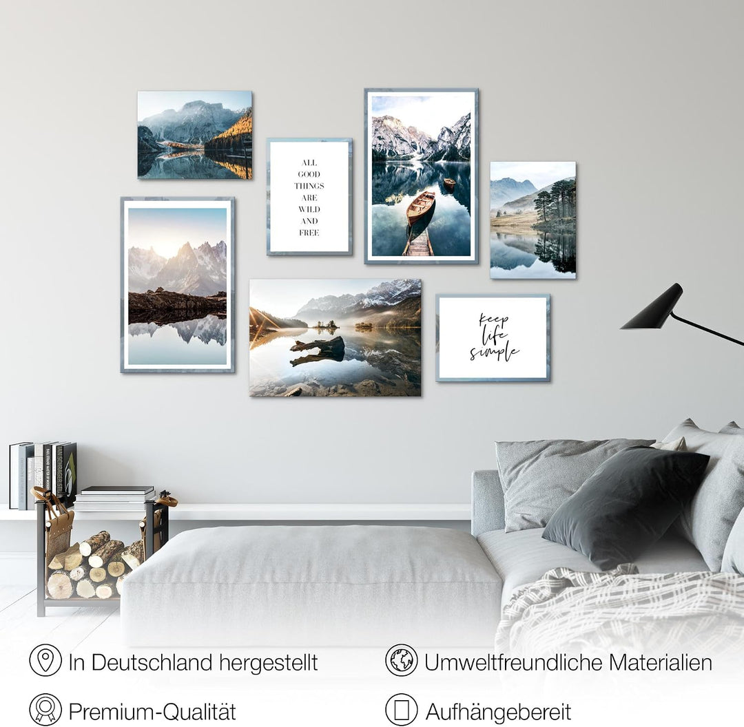 Novart Wandbilder Berge und See - KOMPLETT AUFHÄNGFERTIG - Natur Wohnzimmer Schlafzimmer Flur - 7 Mo