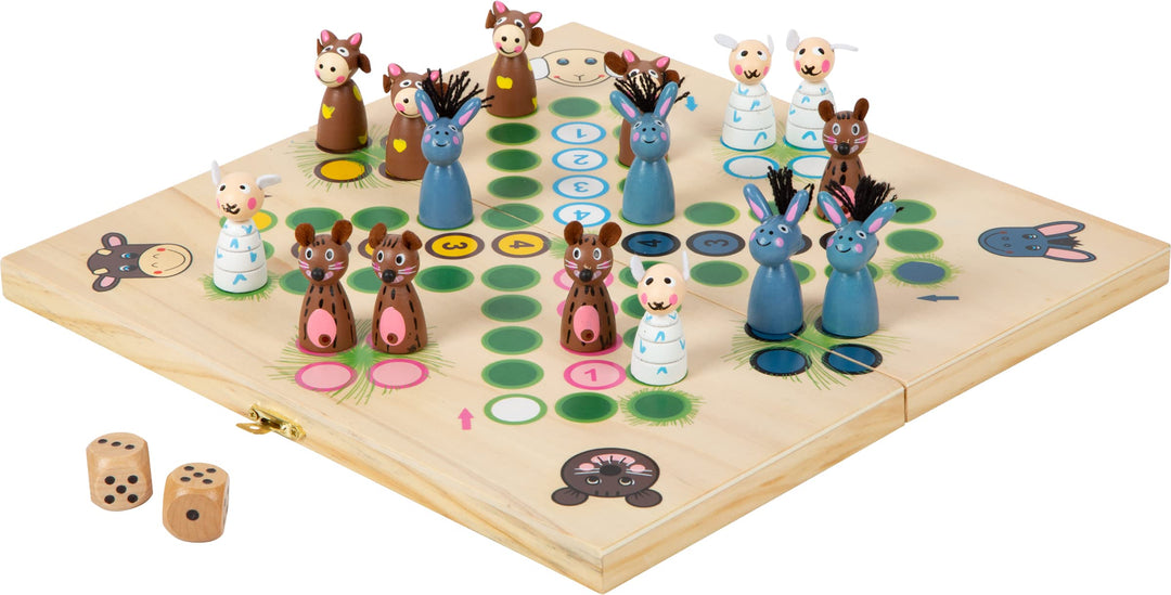 small foot Ludo Brettspiel "Farmtiere" aus Holz, Gesellschaftsspiel mit praktischem Klapp-Spielbrett