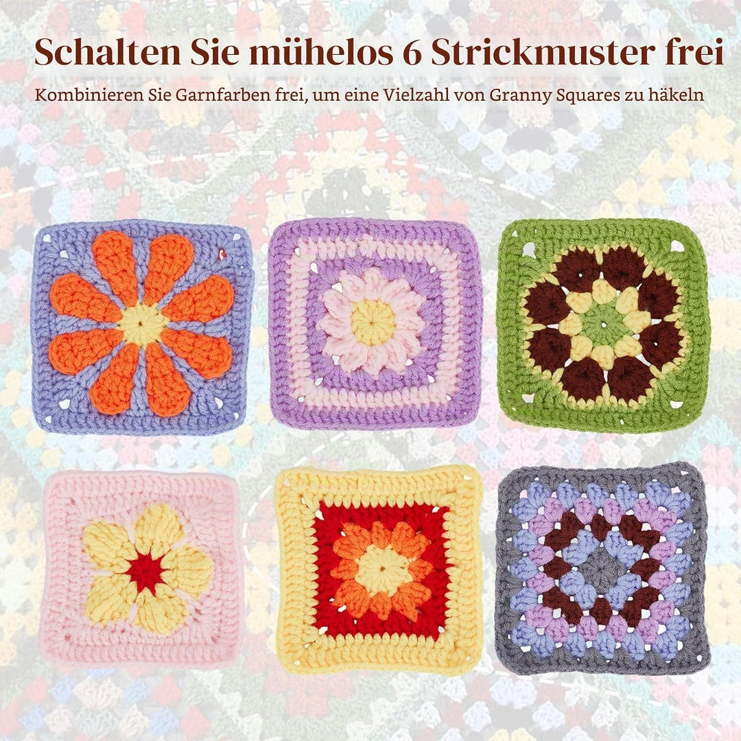 ORIGACH 6 in 1 Häkelset Für Anfänger, DIY Daisy Granny Square Starter Häkelset Mit Häkelblockiermatt