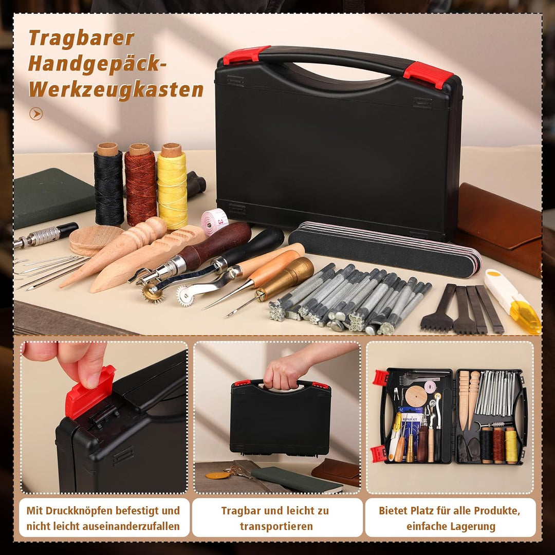 Ekalee 50 Stücke Leder Werkzeuge und Zubehör Set, Leder DIY Set, Leder Werkzeug Set mit Aufbewahrung