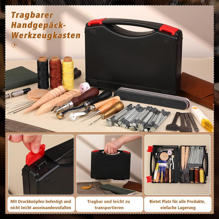 Ekalee 50 Stücke Leder Werkzeuge und Zubehör Set, Leder DIY Set, Leder Werkzeug Set mit Aufbewahrung