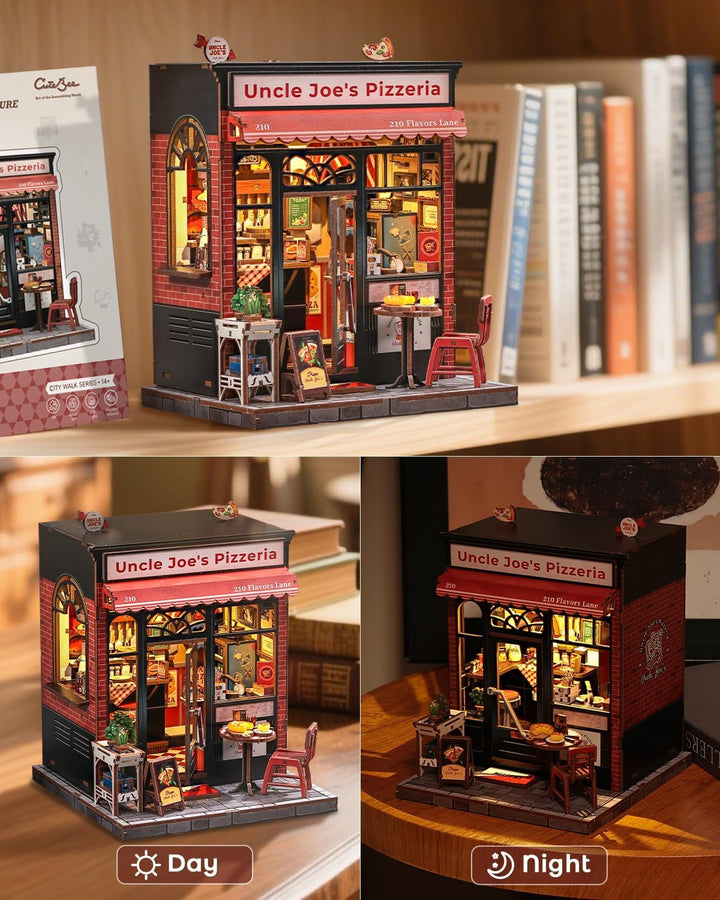 CUTEBEE Book Nook Kit - DIY Miniaturhaus Bausatz (Pizzeria-Szene) mit LED-Beleuchtung, Retro Bücherr