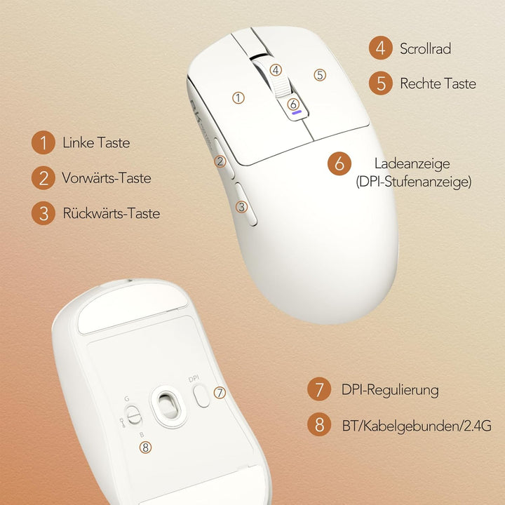 RK ROYAL KLUDGE MO3 Gaming Maus Kabellose PAW3809 6K DPI 48g leichte Computer Maus Bluetooth/2.4G/Ka