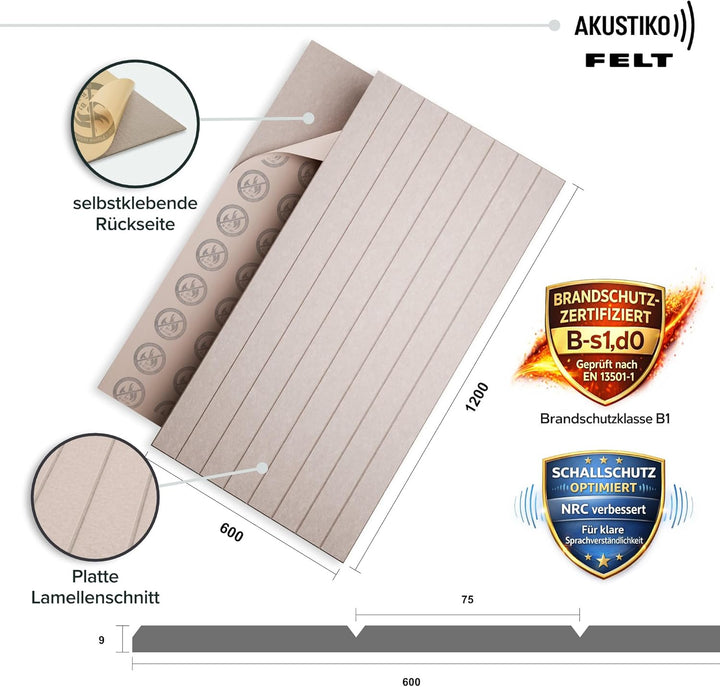 AKUSTIKO Akustikpaneele Selbstklebend 120x60cm - 4 Stück Taupe Akustik Wandpaneele Brandschutzklasse