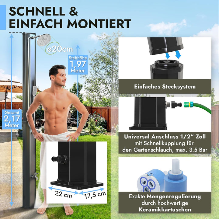 dirks-traumbad Solardusche Gartendusche 35 Liter mit Wasserhahn Schwarz für Garten Warm Kalt Dusche
