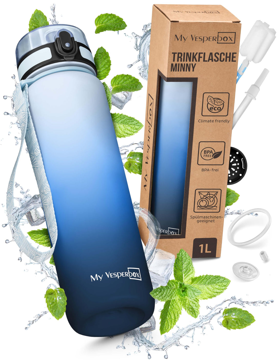 My Vesperbox® Trinkflasche Kinder [1000ML] - Wasserflasche Kohlensäure Geeignet & Auslaufsicher - Wa