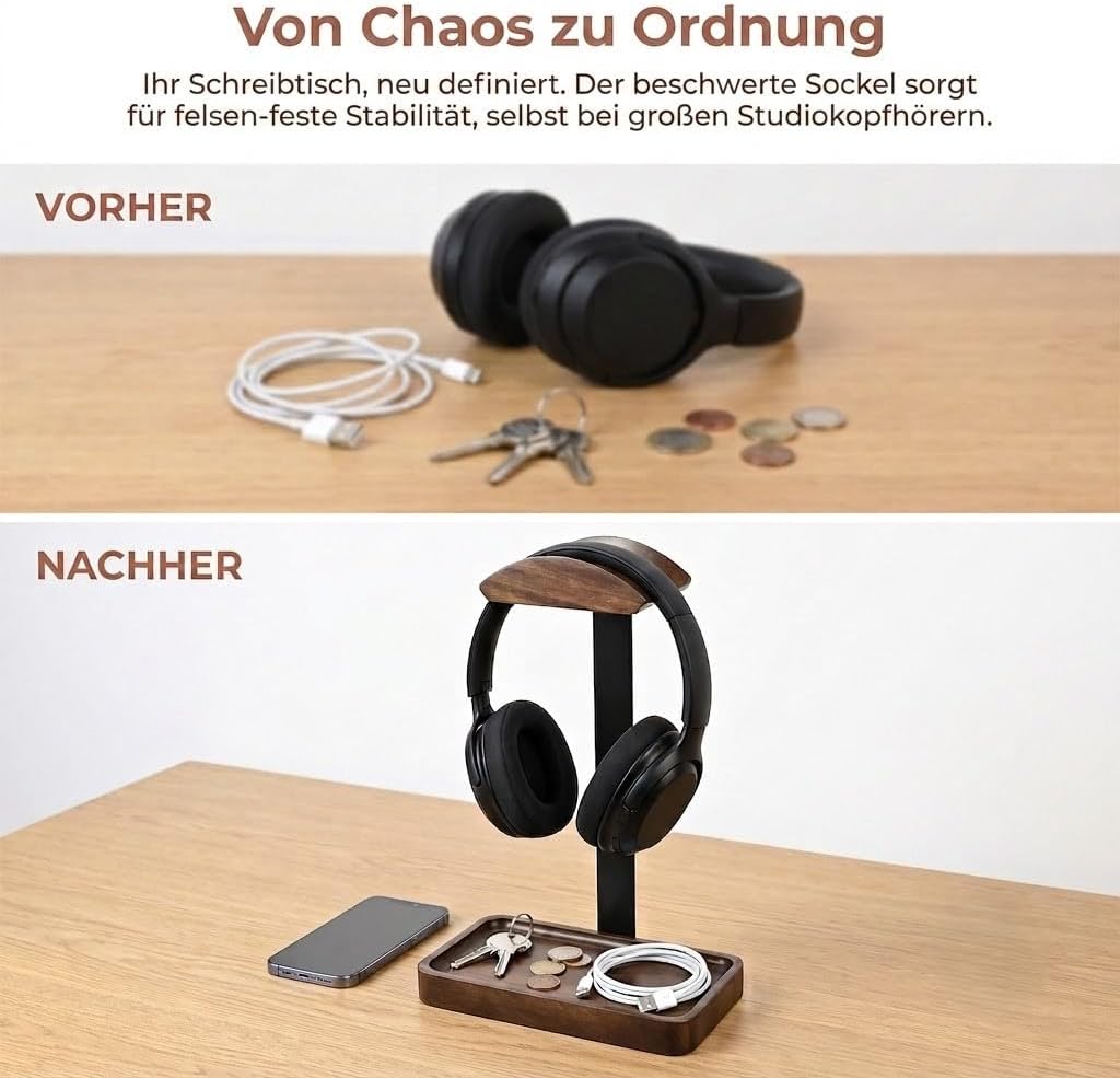Kopfhörer Ständer für Schreibtisch - Aus massivem Holz und Aluminium, Gaming Headset Ständer mit Tab