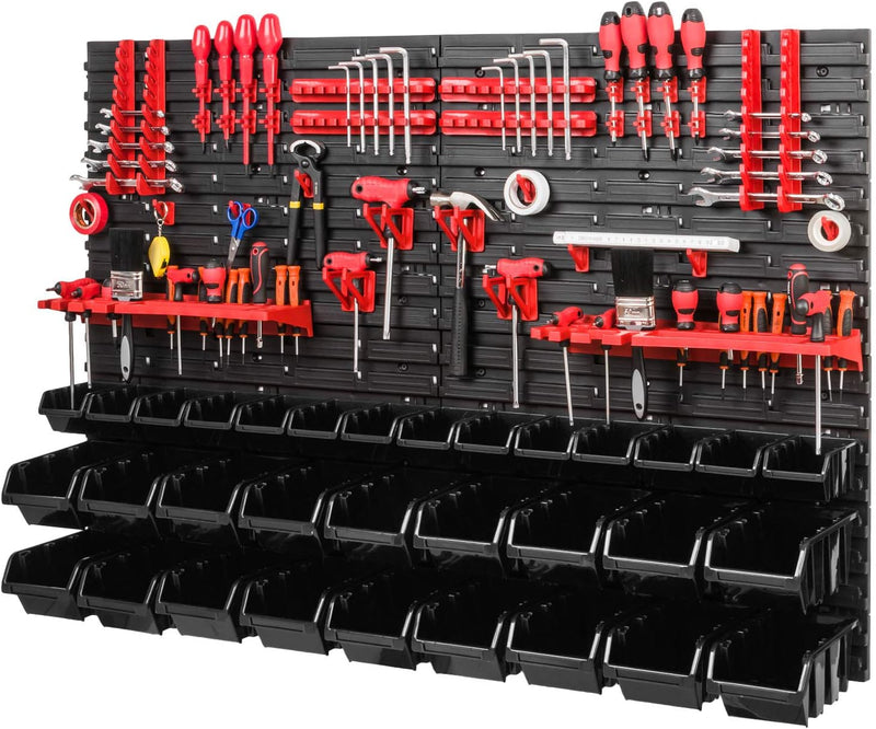 Werkstattregal Lagersystem - 1152 x 780 mm - Wandregal mit Schwarz Stapelboxen, Rot Werkzeughalter -