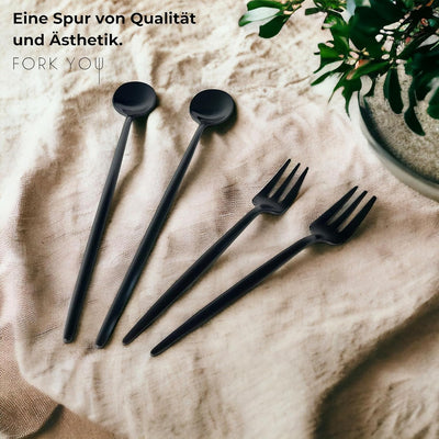 FORK YOU Dessertbesteck Set Schwarz Matt (8 -teilig) Kuchengabel & Latte Macchiato Löffel, rostfreie