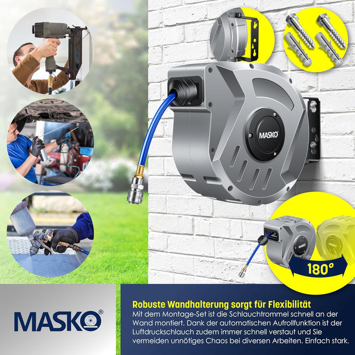 MASKO® 10m Druckluftschlauch Aufroller automatisch 1/4" Anschluss - Schlauchtrommel Wandschlauchhalt