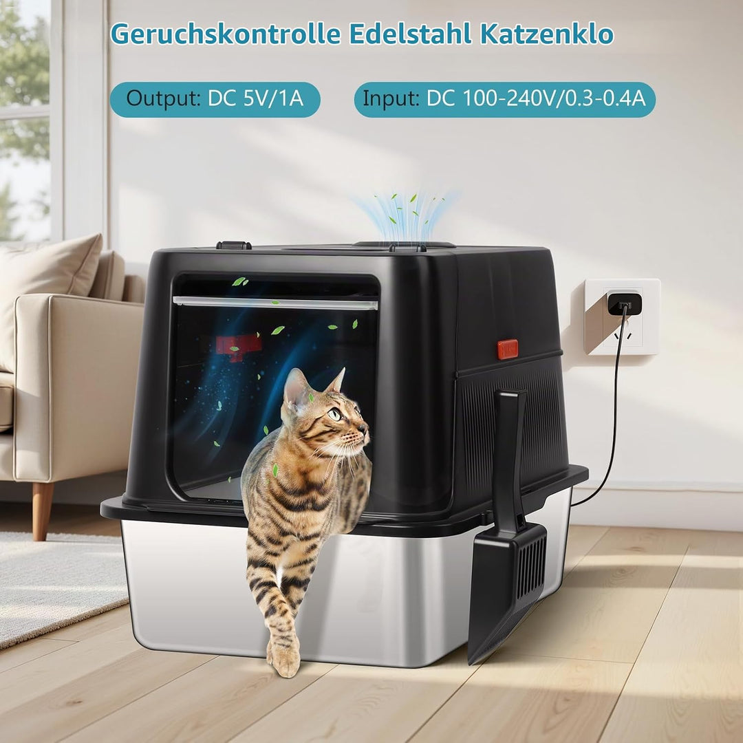 Edelstahl-Wurfkiste，XXL Geschlossenes Katzenklo mit Schaufel für Grosskatzen, Nicht klebend, auslauf