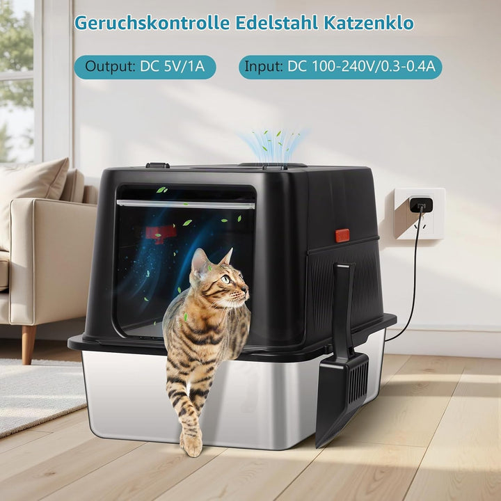 Edelstahl-Wurfkiste，XXL Geschlossenes Katzenklo mit Schaufel für Grosskatzen, Nicht klebend, auslauf