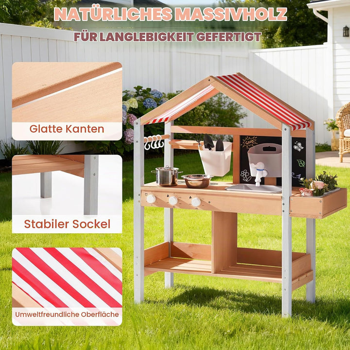 ROBOTIME Mud Kitchen Outdoor Spielset für Kinder, Spielküche mit abnehmbarem Pflanzkasten, Spüle, He
