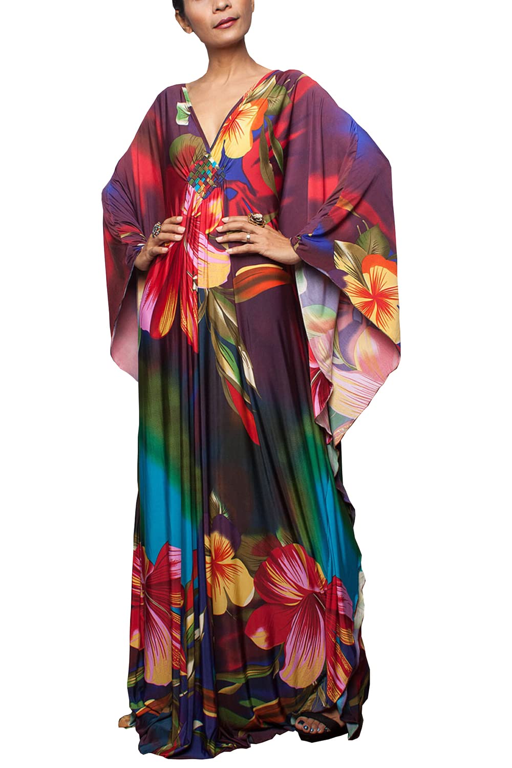 YouKD Sommer Geblümter Loser Kaftan Boho-Strand Bikini Aufdecken Kleid Plus Grösse Robe für Damen Ei