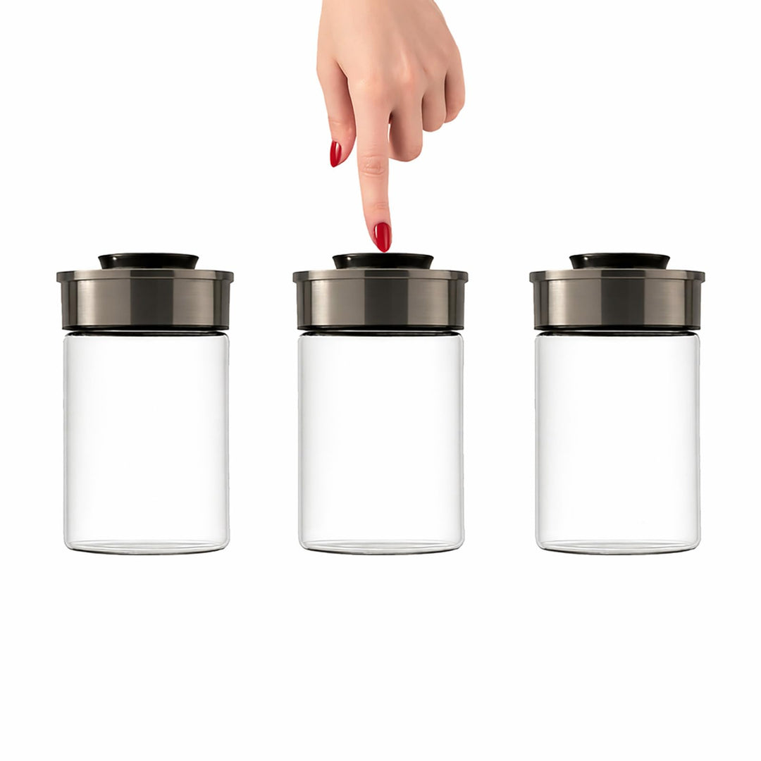 BURI Vorratsglas Vakuumglas 3er Set 1000ml | Vorratsdosen Glas mit Edelstahl Deckel & Vakuum Klick-M