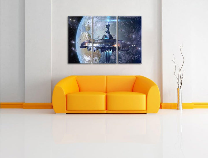 Pixxprint Raumschiff vor der Erde als Leinwandbild | Grösse: 3 Teilig (120x80) | Wandbild| Kunstdruc